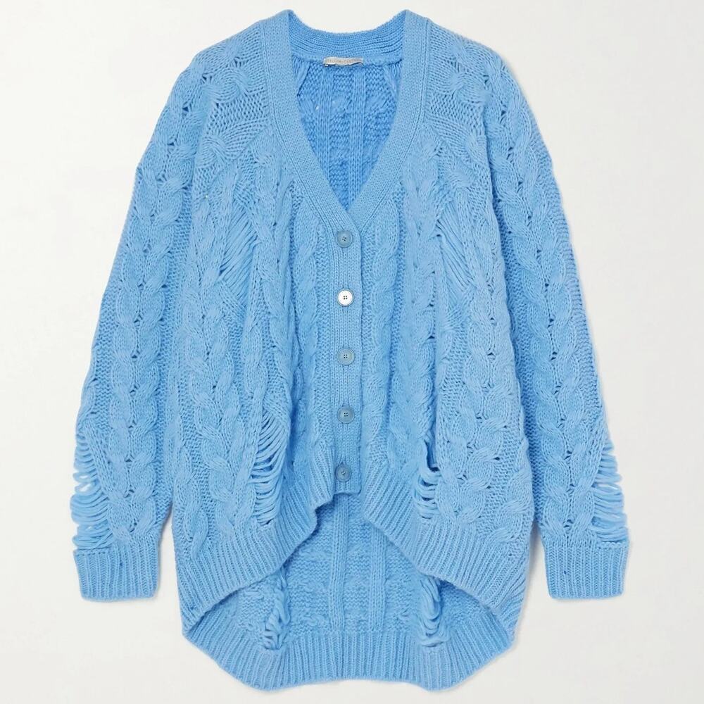 Stella McCartney Distressed Cable-Knit Alpaca-Blend Cardigan size S Pantone Blue
